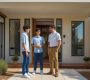 Modern supported accommodation home warm and welcoming friendly professional adult speaking with two diverse teenagers outside the entrance sunny day realistic photography style 90x80